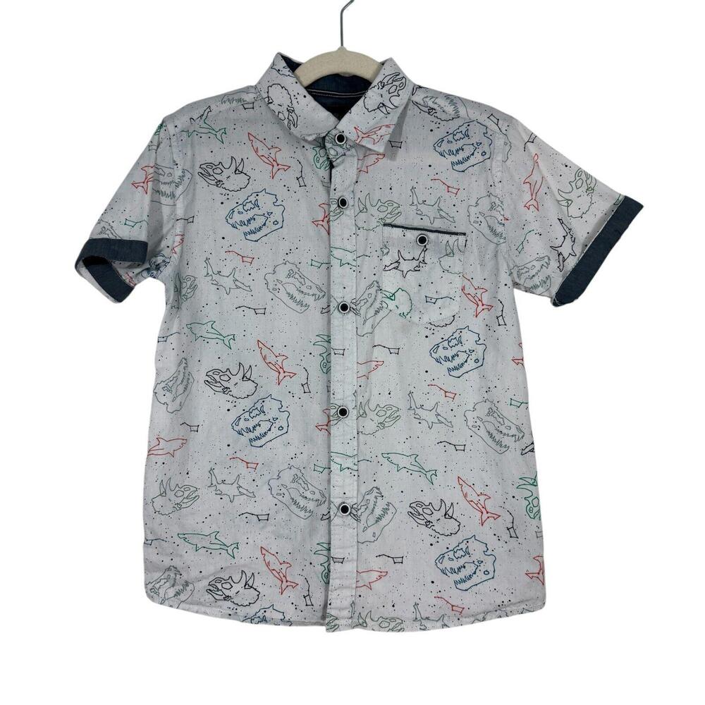Craft Flow Little Boy’s Size 7 White Multi Color Dinosaur Shark Print Shirt